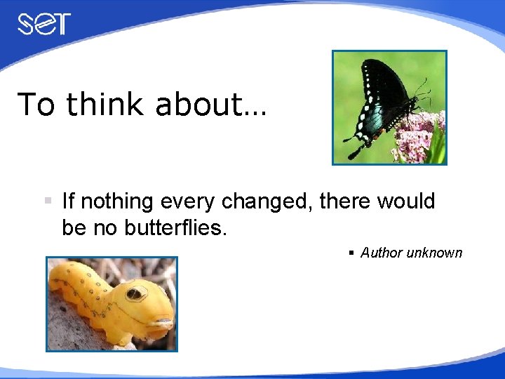 To think about… § If nothing every changed, there would be no butterflies. §