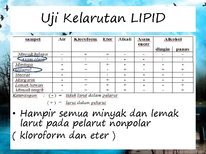 Uji Kelarutan LIPID • Hampir semua minyak dan lemak larut pada pelarut nonpolar (