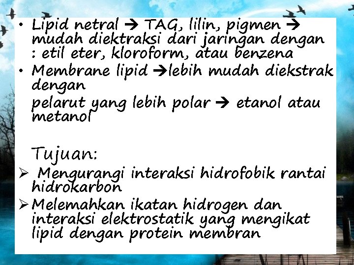  • Lipid netral TAG, lilin, pigmen mudah diektraksi dari jaringan dengan : etil