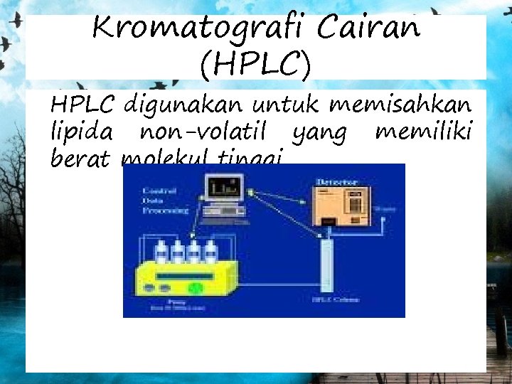 Kromatografi Cairan (HPLC) HPLC digunakan untuk memisahkan lipida non-volatil yang memiliki berat molekul tinggi.