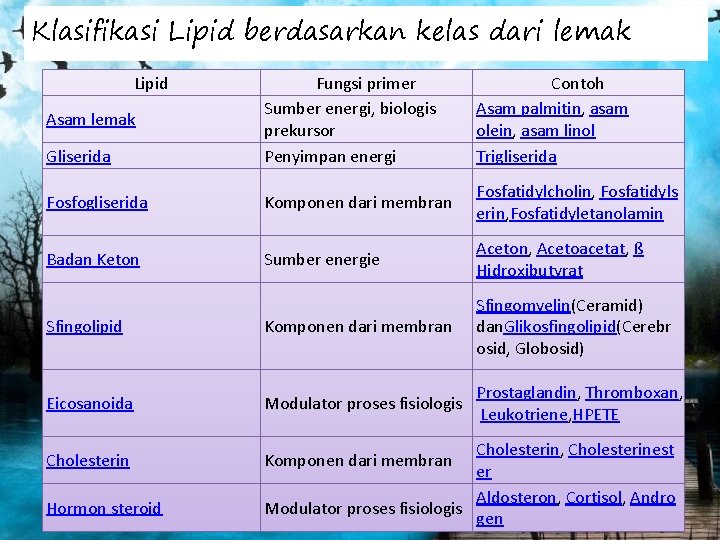 Klasifikasi Lipid berdasarkan kelas dari lemak Lipid Gliserida Fungsi primer Sumber energi, biologis prekursor