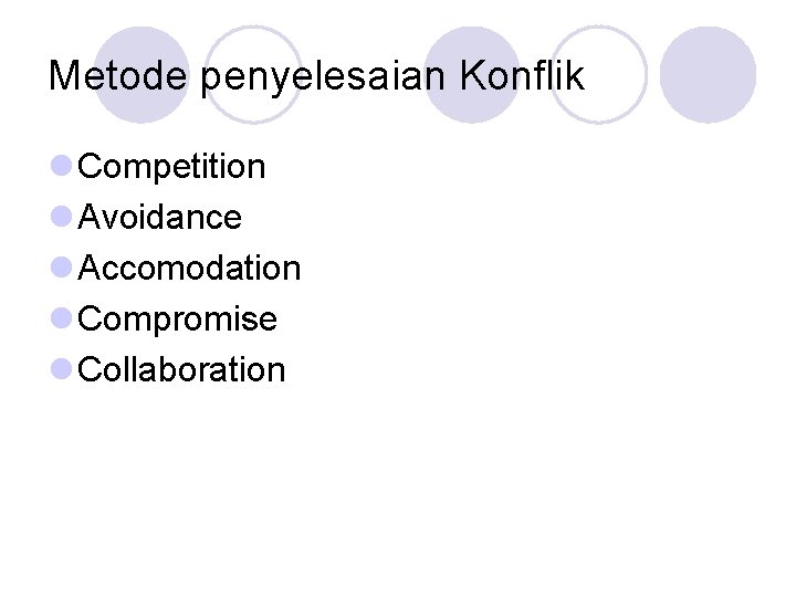 Metode penyelesaian Konflik l Competition l Avoidance l Accomodation l Compromise l Collaboration Metode penyelesaian Konflik l Competition l Avoidance l Accomodation l Compromise l Collaboration