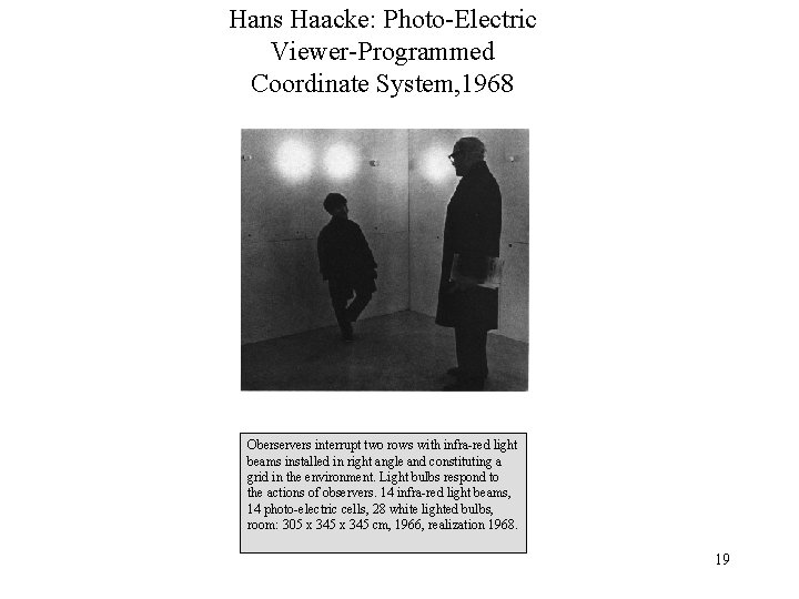 Hans Haacke: Photo-Electric Viewer-Programmed Coordinate System, 1968 Oberservers interrupt two rows with infra-red light Hans Haacke: Photo-Electric Viewer-Programmed Coordinate System, 1968 Oberservers interrupt two rows with infra-red light