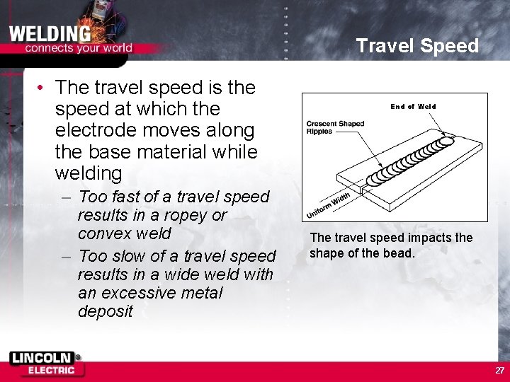 Travel Speed • The travel speed is the speed at which the electrode moves