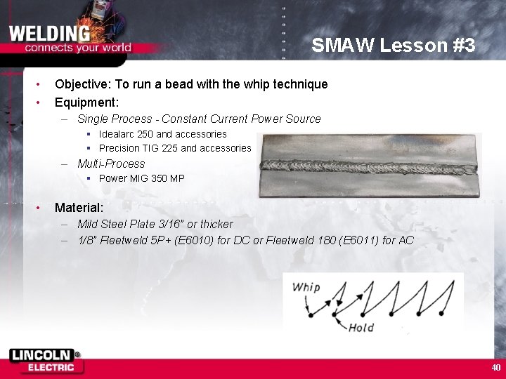 SMAW Lesson #3 • • Objective: To run a bead with the whip technique