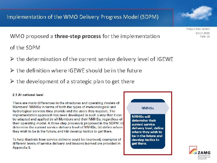 Implementation of the WMO Delivery Progress Model (SDPM) WMO proposed a three‐step process for