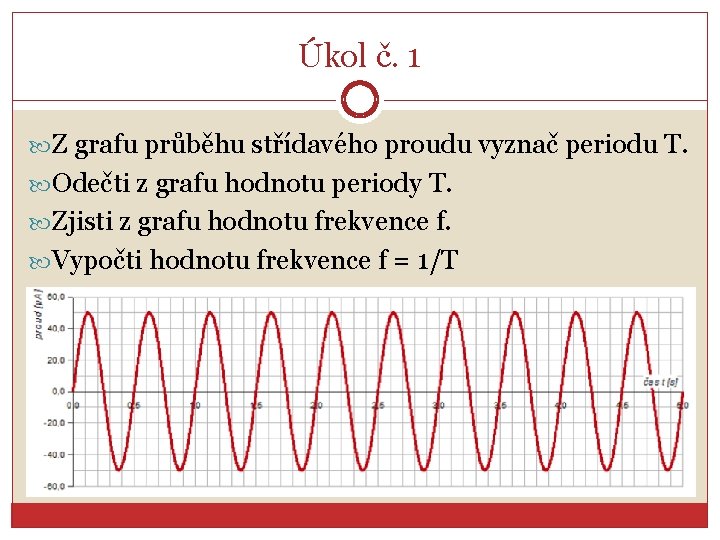 Úkol č. 1 Z grafu průběhu střídavého proudu vyznač periodu T. Odečti z grafu