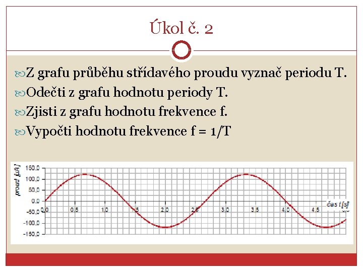 Úkol č. 2 Z grafu průběhu střídavého proudu vyznač periodu T. Odečti z grafu