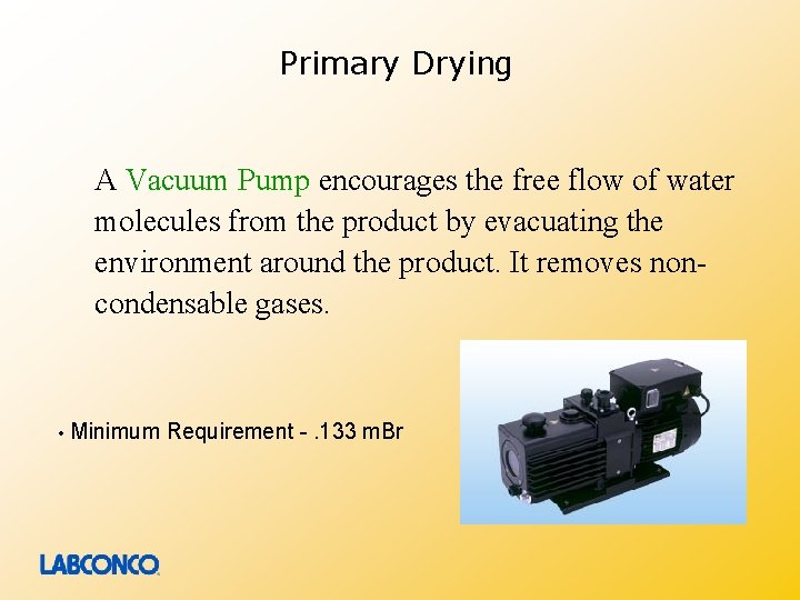 Primary Drying A Vacuum Pump encourages the free flow of water molecules from the