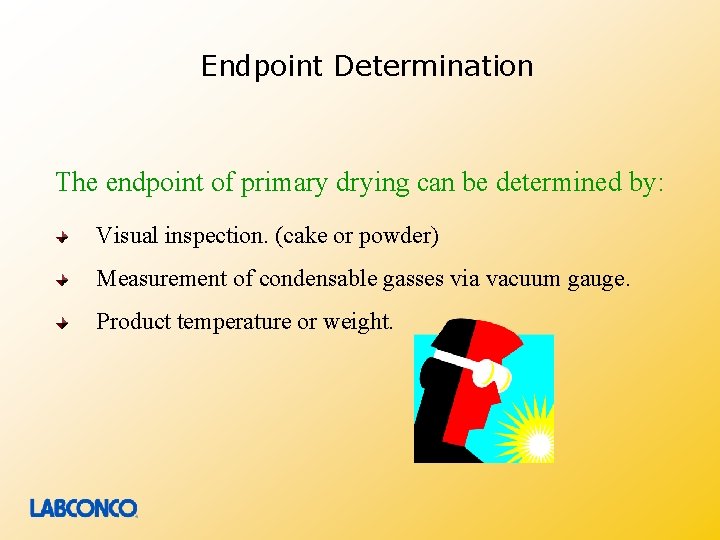 Endpoint Determination The endpoint of primary drying can be determined by: Visual inspection. (cake