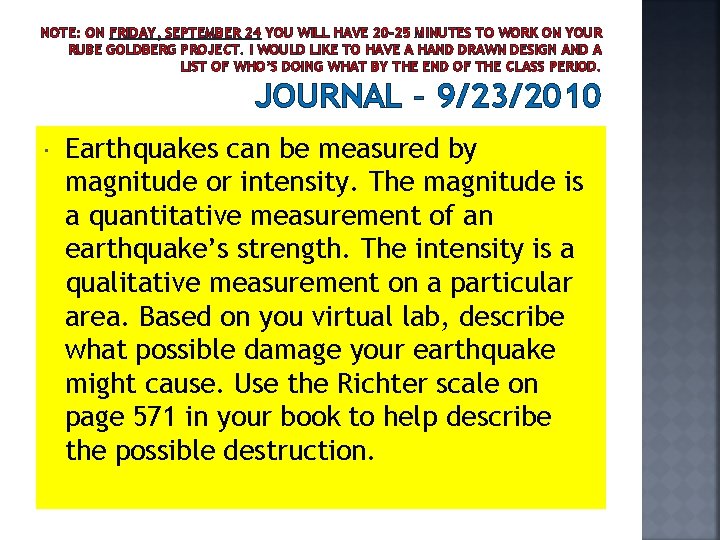 NOTE: ON FRIDAY, SEPTEMBER 24 YOU WILL HAVE 20 -25 MINUTES TO WORK ON