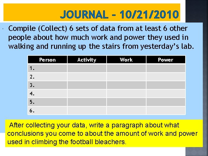 JOURNAL – 10/21/2010 Compile (Collect) 6 sets of data from at least 6 other