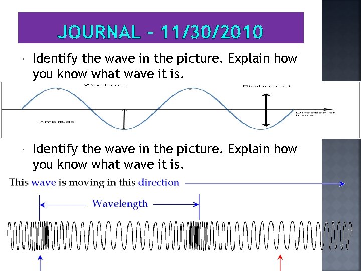 JOURNAL – 11/30/2010 Identify the wave in the picture. Explain how you know what