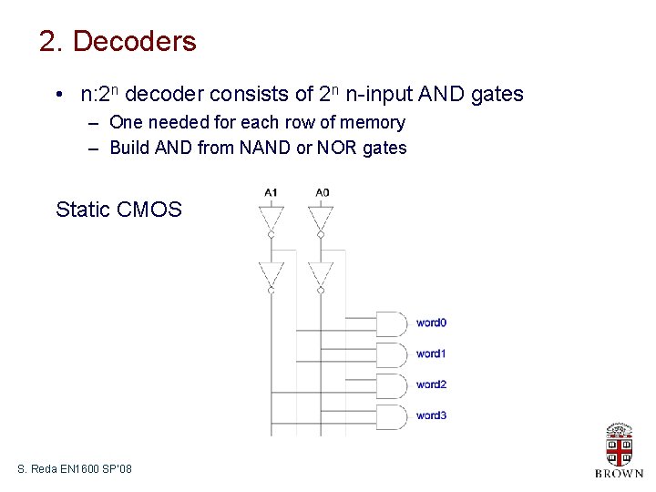 2. Decoders • n: 2 n decoder consists of 2 n n-input AND gates