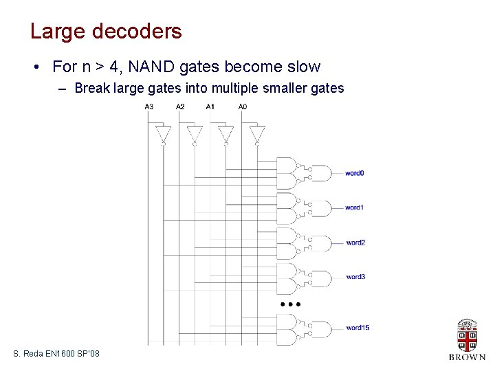 Large decoders • For n > 4, NAND gates become slow – Break large