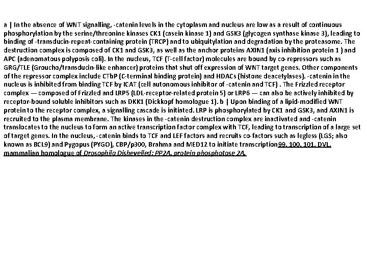 a | In the absence of WNT signalling, -catenin levels in the cytoplasm and