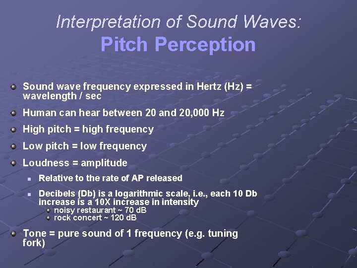 Interpretation of Sound Waves: Pitch Perception Sound wave frequency expressed in Hertz (Hz) =