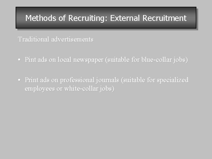 Methods of Recruiting: External Recruitment Traditional advertisements • Pint ads on local newspaper (suitable
