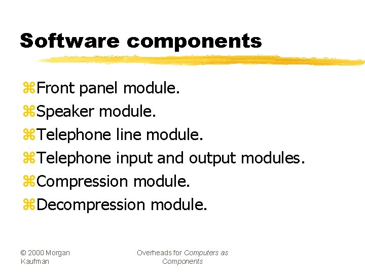 Software components z. Front panel module. z. Speaker module. z. Telephone line module. z.