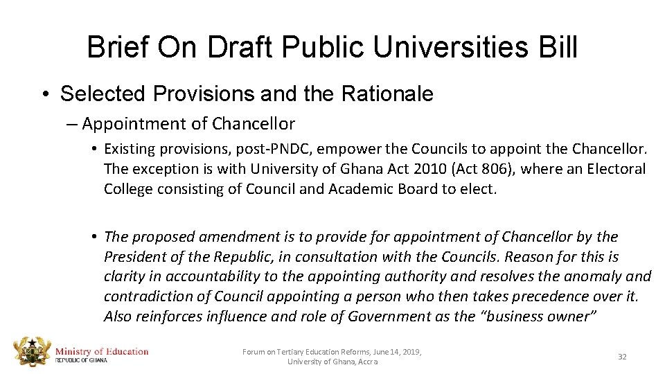 Brief On Draft Public Universities Bill • Selected Provisions and the Rationale – Appointment