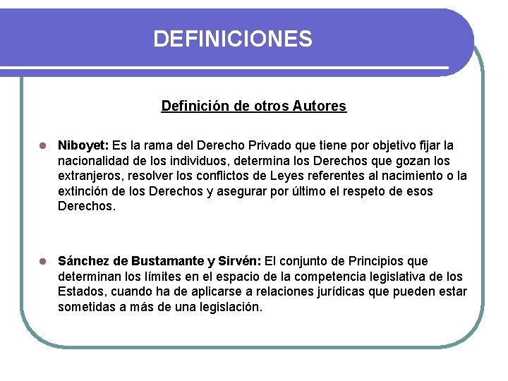 DEFINICIONES Definición de otros Autores l Niboyet: Es la rama del Derecho Privado que