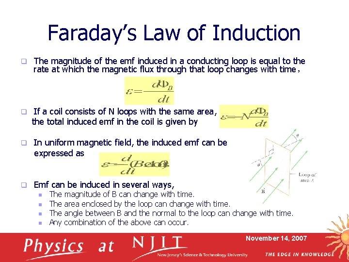 Faraday’s Law of Induction q q The magnitude of the emf induced in a