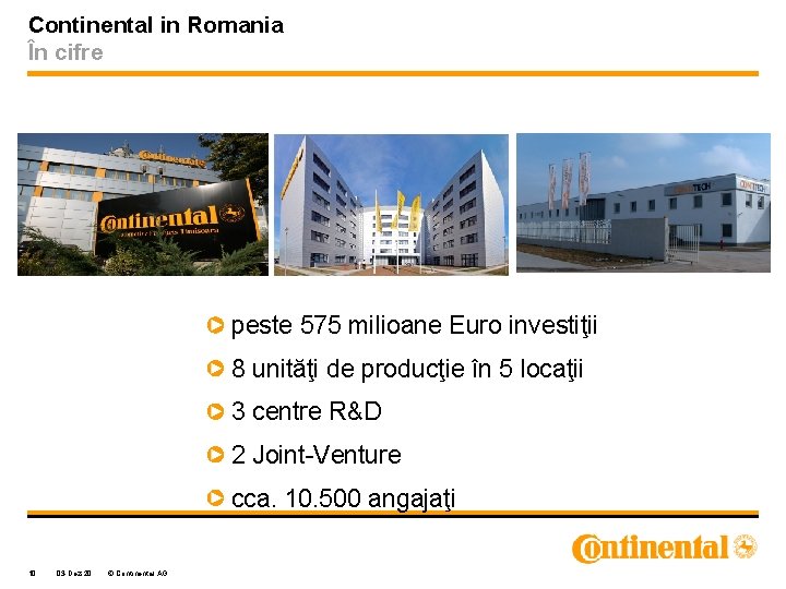 Continental in Romania În cifre peste 575 milioane Euro investiţii 8 unităţi de producţie Continental in Romania În cifre peste 575 milioane Euro investiţii 8 unităţi de producţie
