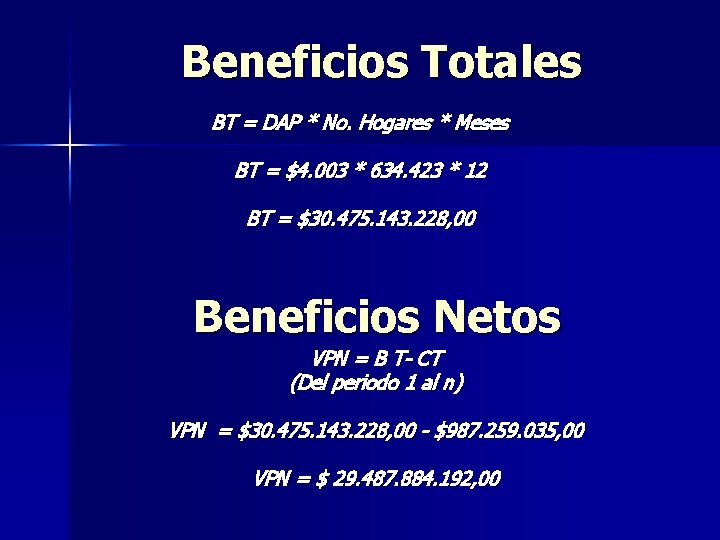 Beneficios Totales BT = DAP * No. Hogares * Meses BT = $4. 003