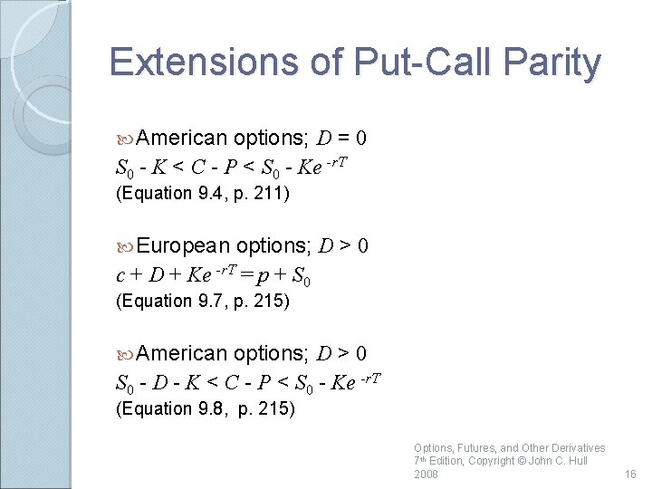 Extensions of Put-Call Parity American options; D = 0 S 0 - K <