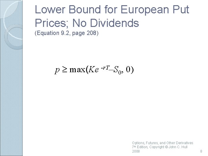 Lower Bound for European Put Prices; No Dividends (Equation 9. 2, page 208) p