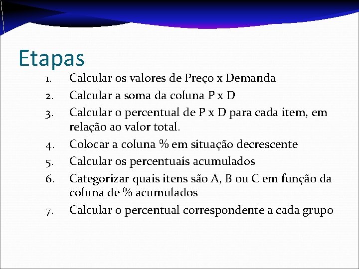 Etapas 1. 2. 3. 4. 5. 6. 7. Calcular os valores de Preço x