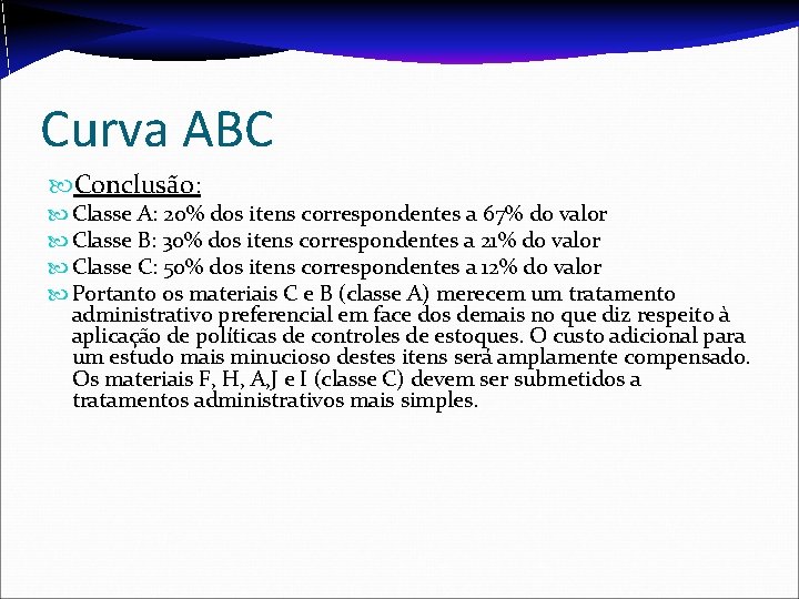 Curva ABC Conclusão: Classe A: 20% dos itens correspondentes a 67% do valor Classe