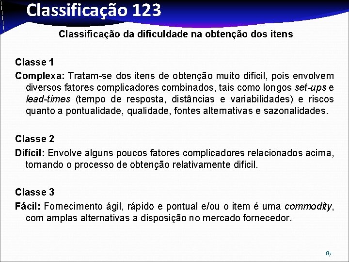 Classificação 123 Classificação da dificuldade na obtenção dos itens Classe 1 Complexa: Tratam-se dos