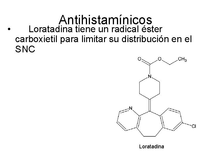  • Antihistamínicos Loratadina tiene un radical éster carboxietil para limitar su distribución en