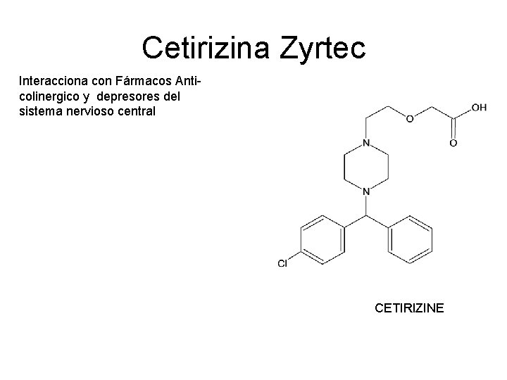 Cetirizina Zyrtec Interacciona con Fármacos Anticolinergico y depresores del sistema nervioso central CETIRIZINE 