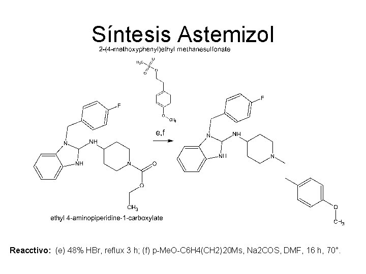 Síntesis Astemizol Reacctivo: (e) 48% HBr, reflux 3 h; (f) p-Me. O-C 6 H