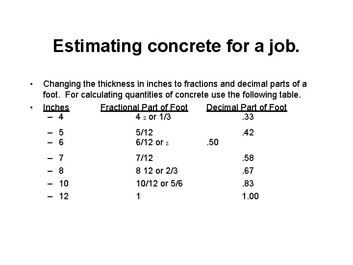 Estimating concrete for a job. • • Changing the thickness in inches to fractions