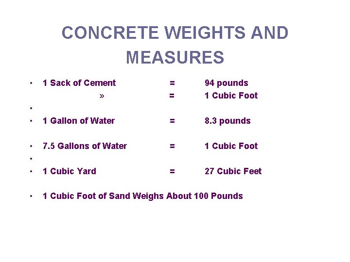 CONCRETE WEIGHTS AND MEASURES • • 1 Sack of Cement = » = 1