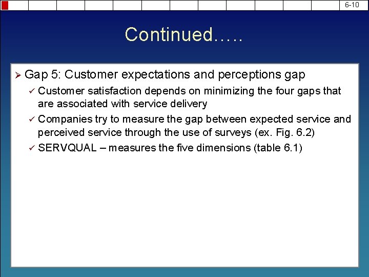 6 -10 Continued…. . Ø Gap 5: Customer expectations and perceptions gap Customer satisfaction