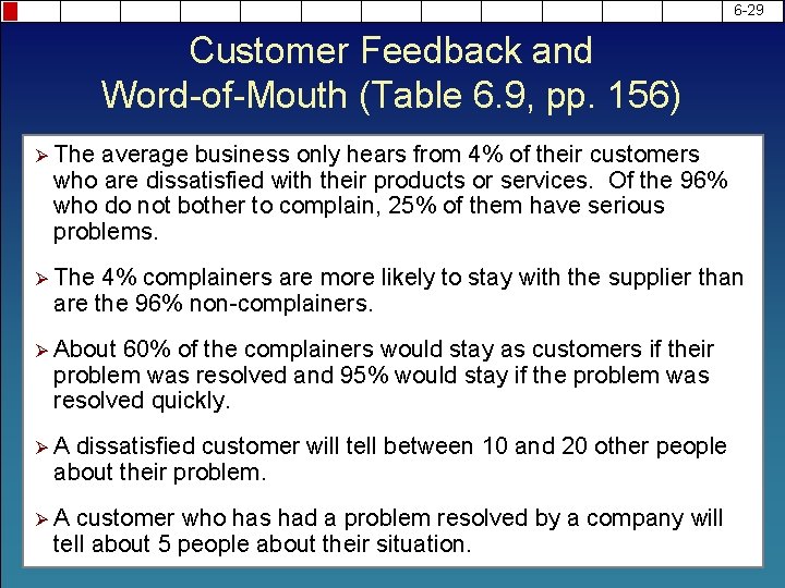 6 -29 Customer Feedback and Word-of-Mouth (Table 6. 9, pp. 156) Ø The average