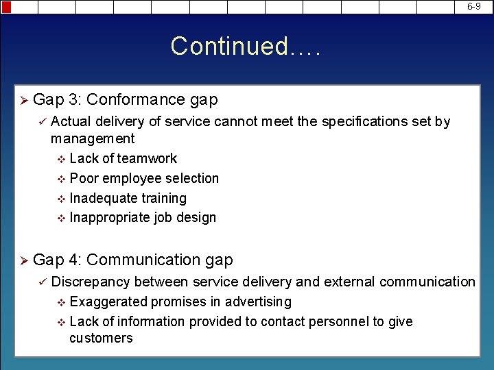 6 -9 Continued…. Ø Gap ü Actual delivery of service cannot meet the specifications