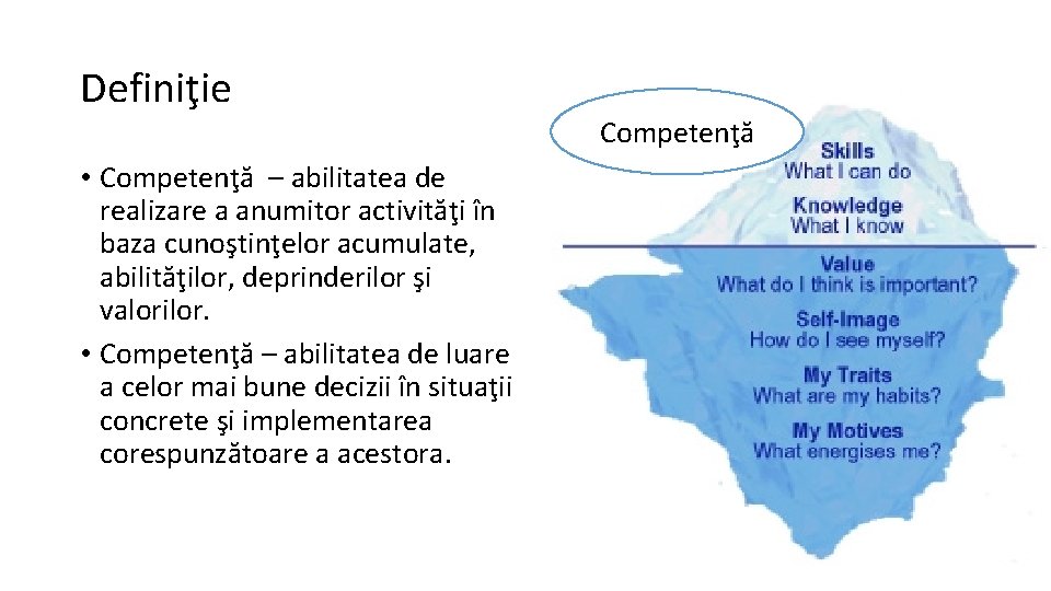 Definiţie • Competenţă – abilitatea de realizare a anumitor activităţi în baza cunoştinţelor acumulate,