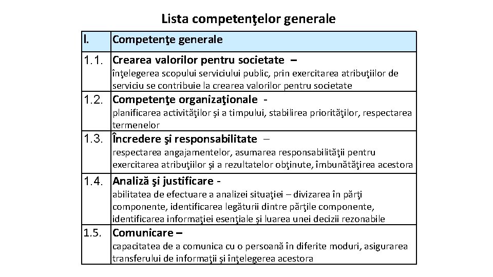 Lista competenţelor generale I. Competenţe generale 1. 1. Crearea valorilor pentru societate – înţelegerea