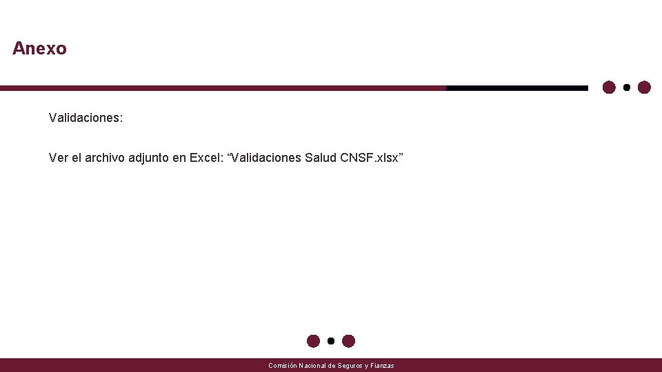 Anexo Validaciones: Ver el archivo adjunto en Excel: “Validaciones Salud CNSF. xlsx” Comisión Nacional Anexo Validaciones: Ver el archivo adjunto en Excel: “Validaciones Salud CNSF. xlsx” Comisión Nacional