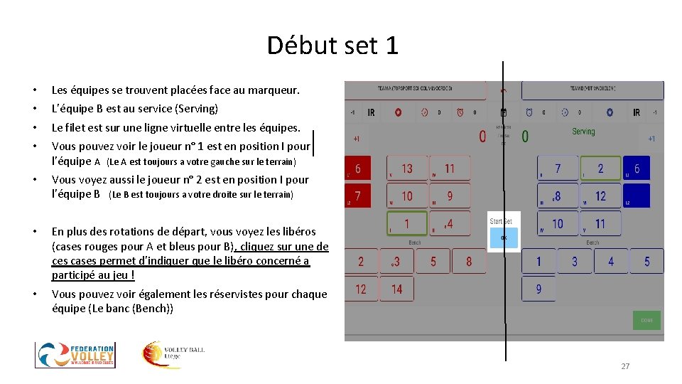 Début set 1 • Les équipes se trouvent placées face au marqueur. • L’équipe Début set 1 • Les équipes se trouvent placées face au marqueur. • L’équipe