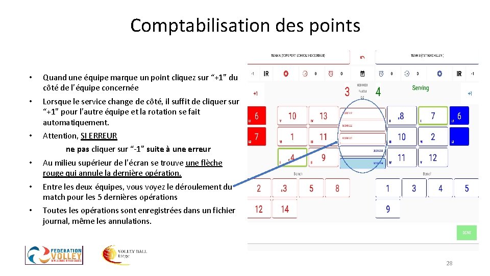 Comptabilisation des points • Quand une équipe marque un point cliquez sur “+1” du Comptabilisation des points • Quand une équipe marque un point cliquez sur “+1” du