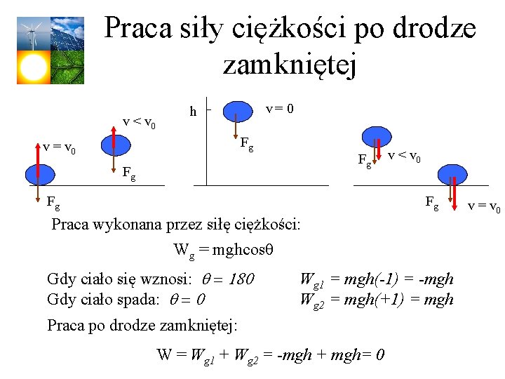 Praca siły ciężkości po drodze zamkniętej v < v 0 v= 0 h Fg Praca siły ciężkości po drodze zamkniętej v < v 0 v= 0 h Fg