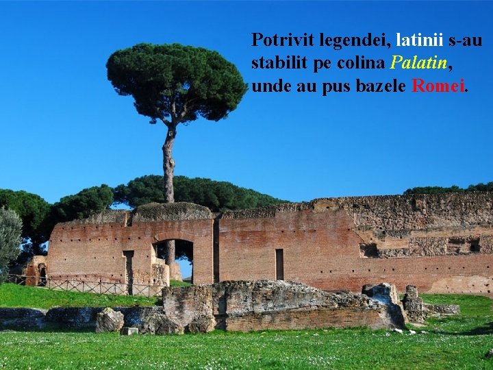 Potrivit legendei, latinii s-au stabilit pe colina Palatin, unde au pus bazele Romei. 