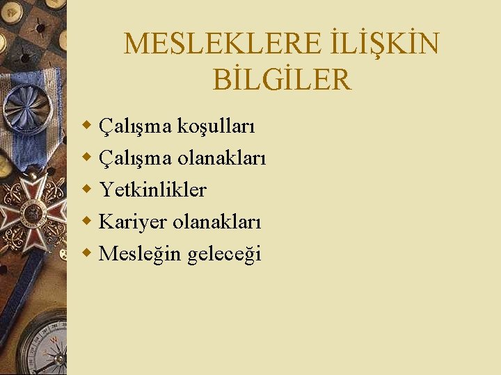 MESLEKLERE İLİŞKİN BİLGİLER w Çalışma koşulları w Çalışma olanakları w Yetkinlikler w Kariyer olanakları