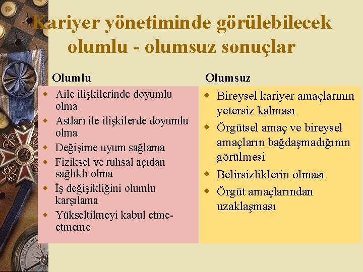 Kariyer yönetiminde görülebilecek olumlu - olumsuz sonuçlar Olumlu w Aile ilişkilerinde doyumlu olma w